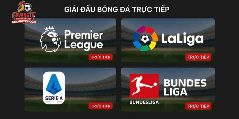 Giao diện với danh sách các giải đấu bóng đá đang phát sóng trên GavangTV.