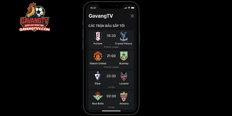 Giao diện của GavangTV trên điện thoại với các trận đấu sắp tới.